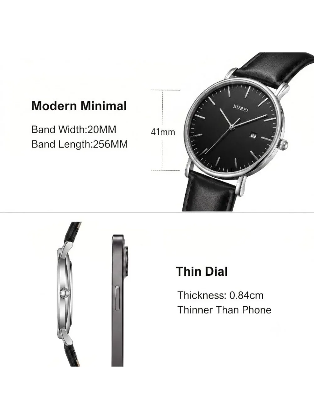 Men's Silver Black Ultra Thin Minimalist Analog Waterproof Casual Wrist Watch